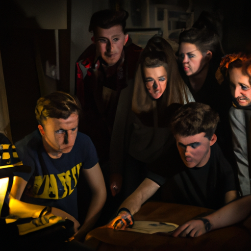 קבוצה של שחקנים מבועתים בחדר הבריחה של הבית הרדוף, פניהם מוארים בזוהר מפחיד של פנס יחיד